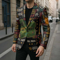 Multicolor blazer with geometric print and Taï National Park wildlife map graphic