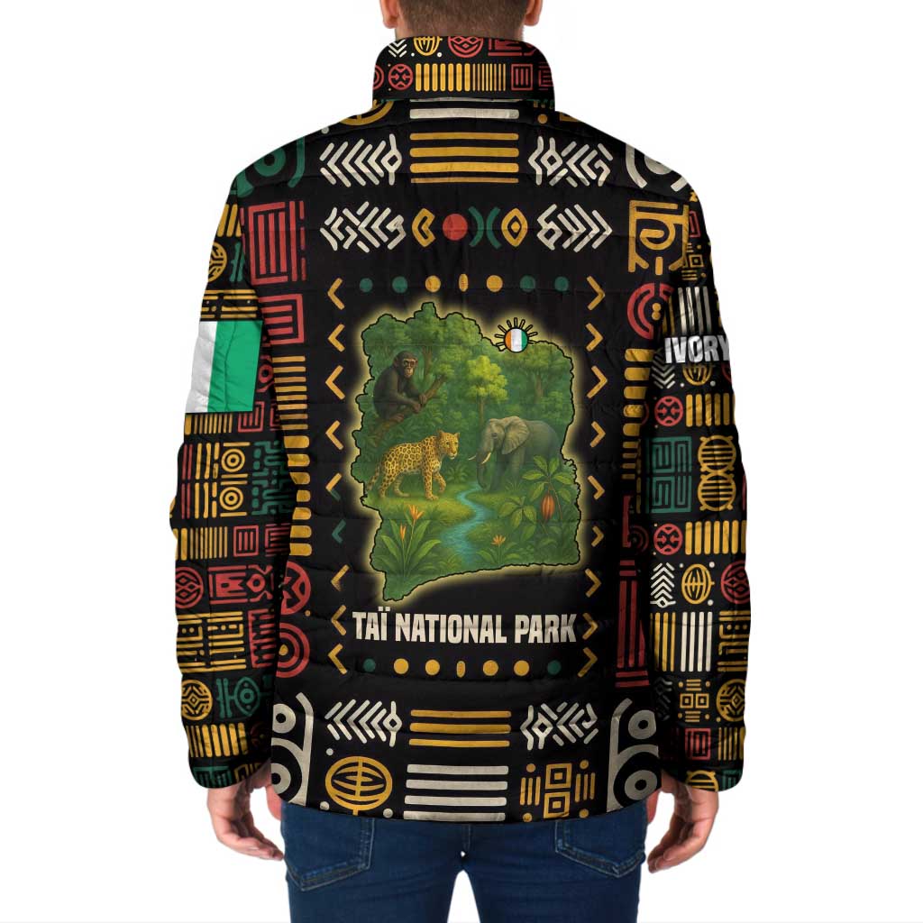 Padded jacket with multicolor wildlife map graphic on back, full-zip style collar