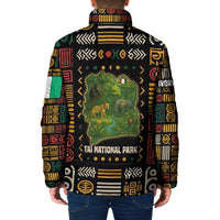Padded jacket with multicolor wildlife map graphic on back, full-zip style collar