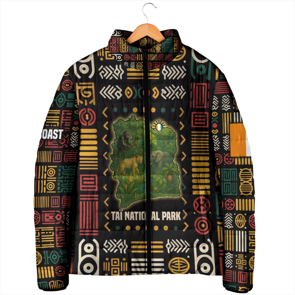 Padded full-zip jacket with multicolor wildlife map design, standing collar