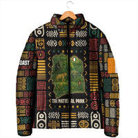 Padded full-zip jacket with multicolor wildlife map design, standing collar