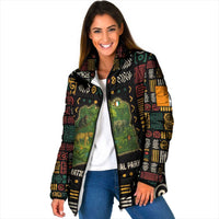 Padded jacket with multicolor wildlife map graphic, open front over white top