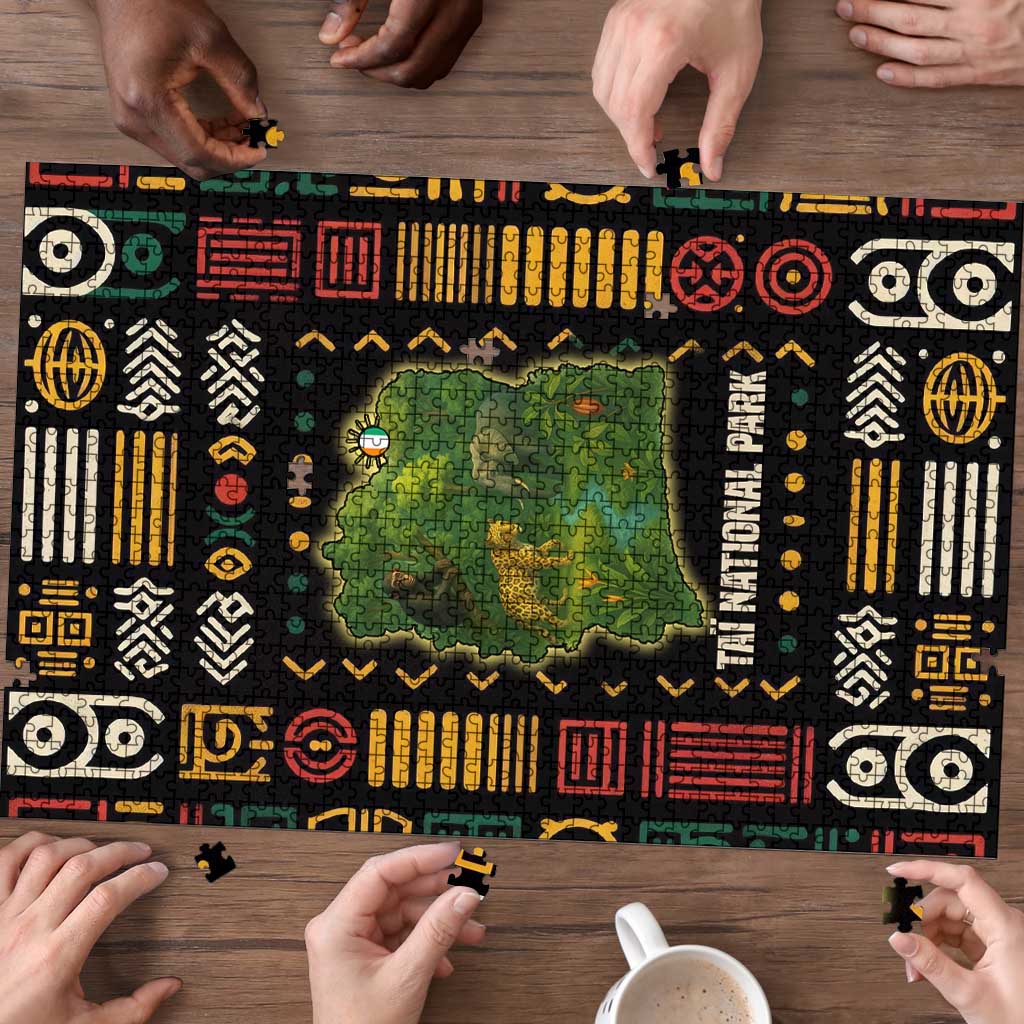 Multicolor jigsaw puzzle with Ivory Coast map and Taï National Park wildlife design
