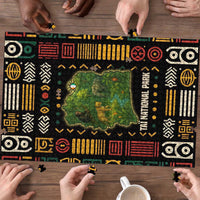 Multicolor jigsaw puzzle with Ivory Coast map and Taï National Park wildlife design