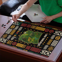 Ivory Coast puzzle with Taï National Park wildlife map design, multicolor pieces being assembled