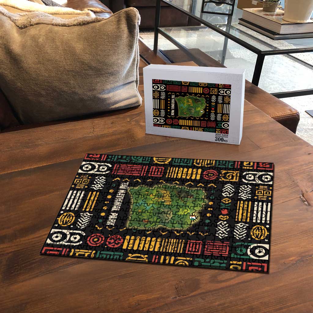 Ivory Coast wildlife map puzzle assembled on table with matching box