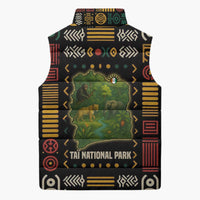 Sleeveless puffer vest with Taï National Park wildlife map graphic, multicolor pattern