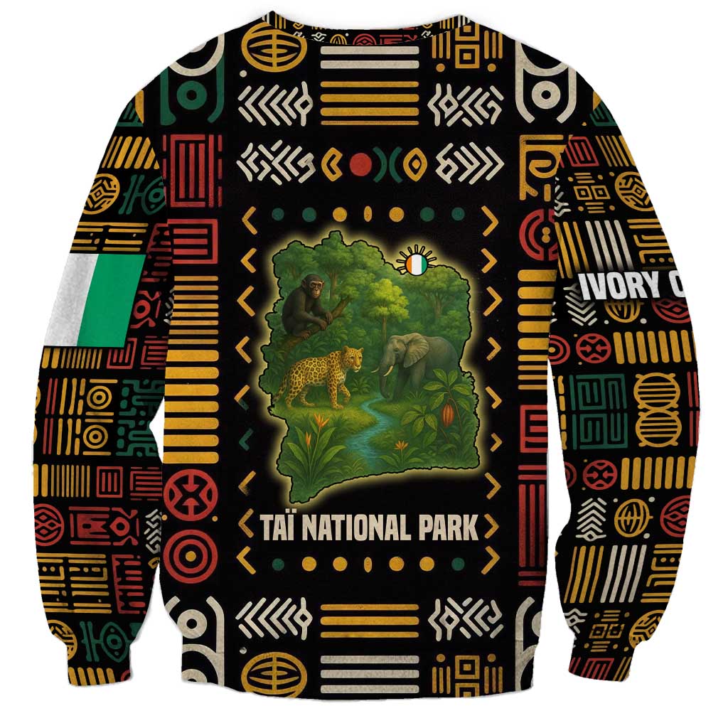 Multicolor sweatshirt with Taï National Park wildlife map graphic and Ivory Coast print