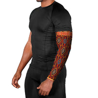 Multicolor geometric arm sleeve set worn on forearm, long fitted cuff