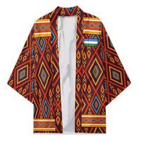 Multicolor kimono with open front and traditional geometric diamond motif panels