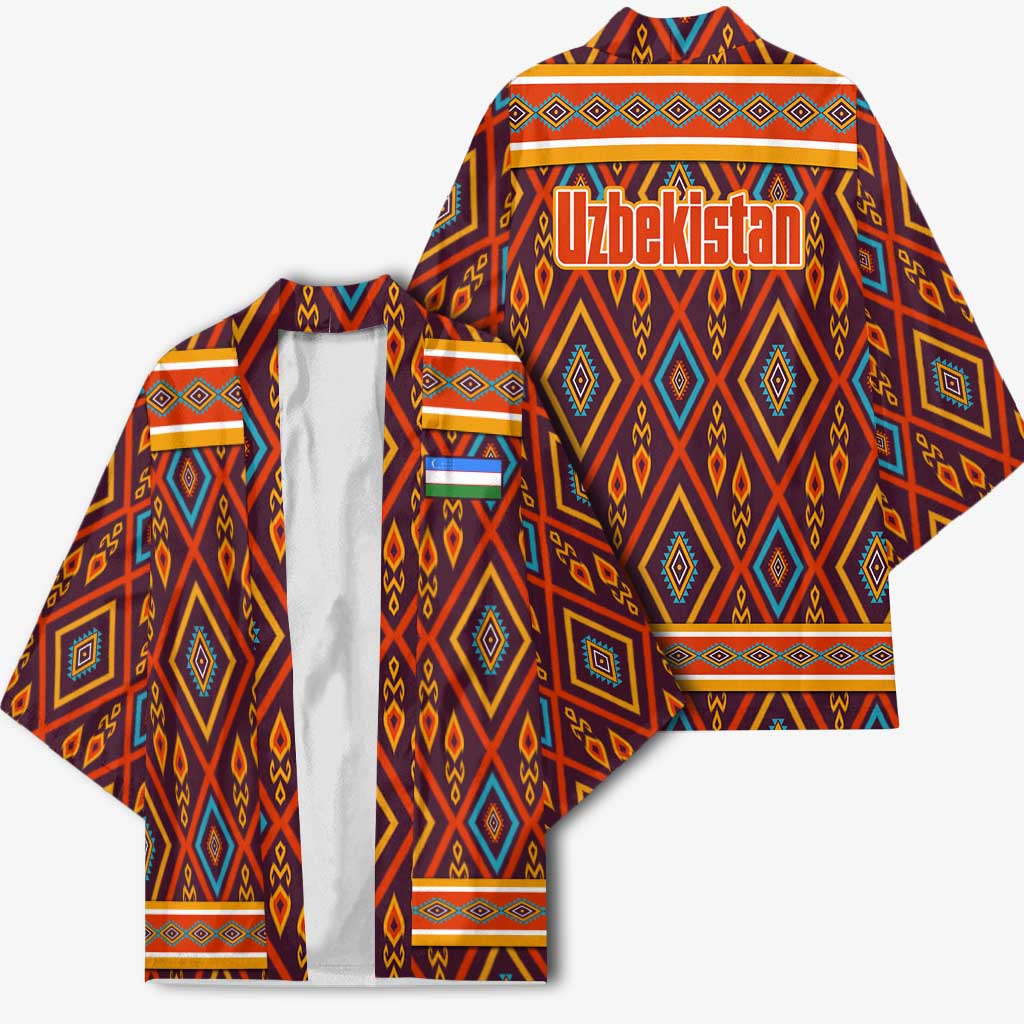 Multicolor kimono with open front, geometric print, and Uzbekistan graphic on back