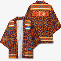 Multicolor kimono with open front, geometric print, and Uzbekistan graphic on back