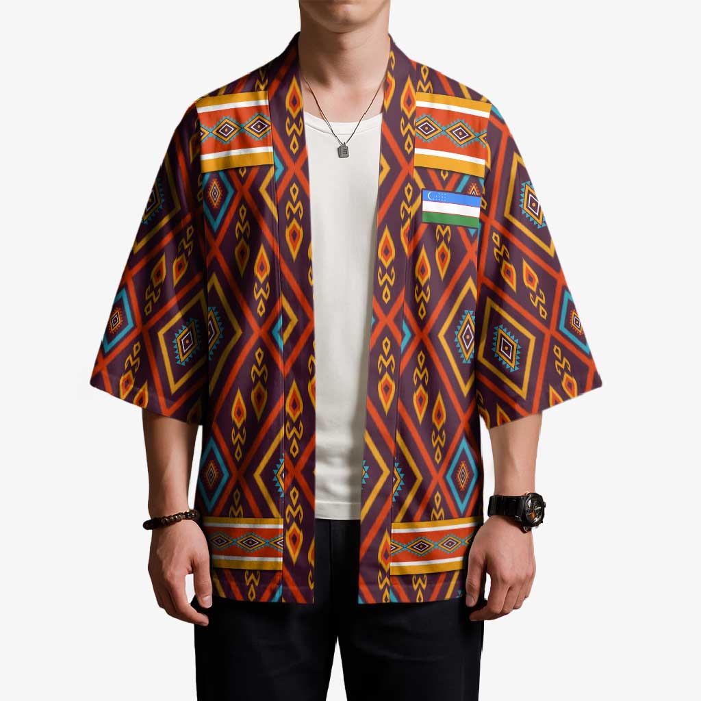 Multicolor open-front kimono with geometric print, short sleeves, and chest pocket