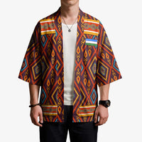 Multicolor open-front kimono with geometric print, short sleeves, and chest pocket