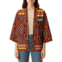 Multicolor open-front kimono with geometric print and chest pocket detail