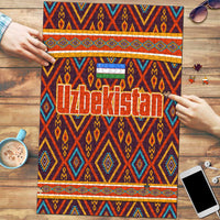 Multicolor jigsaw puzzle with bold Uzbek geometric motif, partially assembled