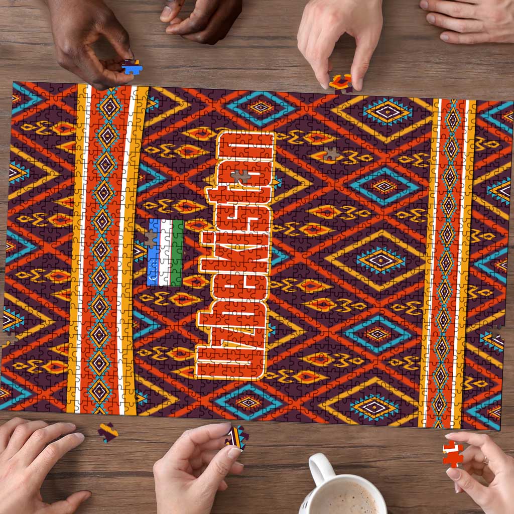 Multicolor jigsaw puzzle board with Uzbek geometric pattern, pieces along edges