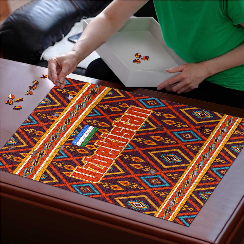 Multicolor jigsaw puzzle with Uzbek geometric design, pieces placed on the board