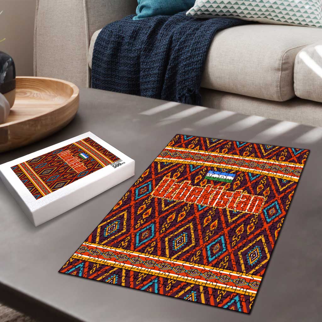Multicolor jigsaw puzzle with Uzbek geometric motif, laid out with puzzle box nearby