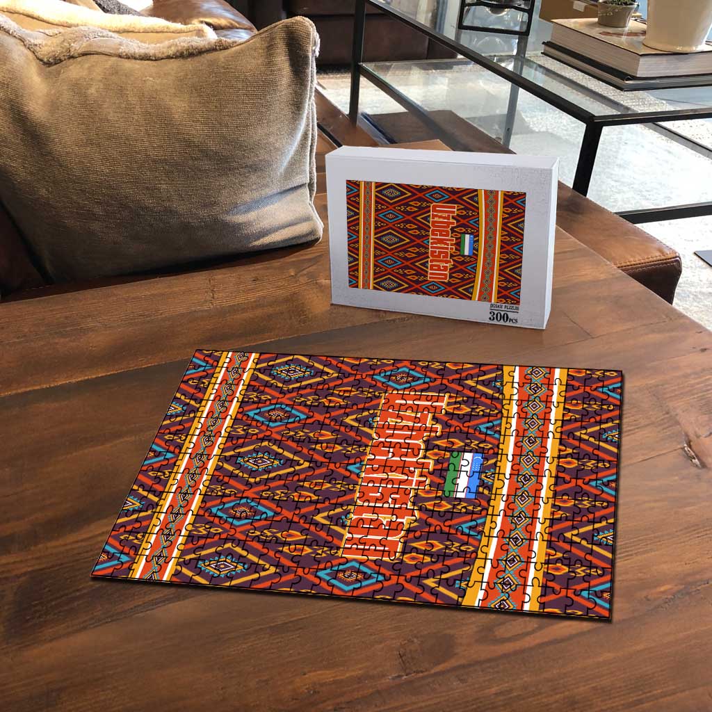 Multicolor jigsaw puzzle with Uzbek geometric motif, scattered pieces and boxed set