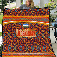 Multicolor Uzbek geometric motif quilt with central flag and 'Uzbekistan' text