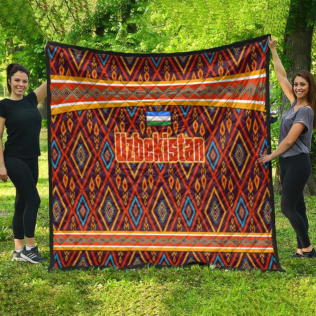 Multicolor Uzbekistan quilt with diamond pattern, border stripes, and centered flag