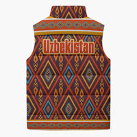 Sleeveless puffer vest back with geometric pattern, Uzbekistan text, striped hem