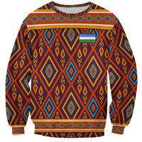 Unisex sweatshirt with multicolor geometric diamond motif and striped crew-neck trim