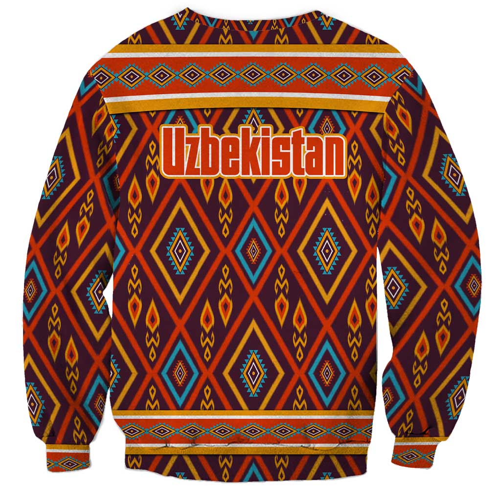 Unisex sweatshirt with back Uzbekistan wordmark and multicolor geometric diamond pattern