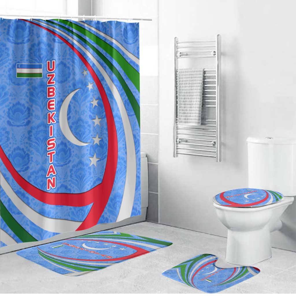 Bathroom set with shower curtain, toilet lid cover, and bath mats, multicolor