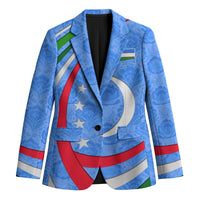 Blue unisex blazer with Uzbekistan crescent-moon and star emblem, striped accents, notch lapel.