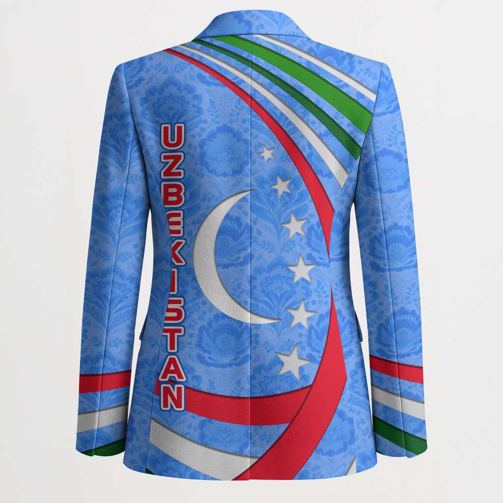 Blue unisex blazer back view with crescent-moon and stars motif and vertical UZBEKISTAN text.