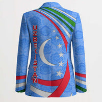Blue unisex blazer back view with crescent-moon and stars motif and vertical UZBEKISTAN text.
