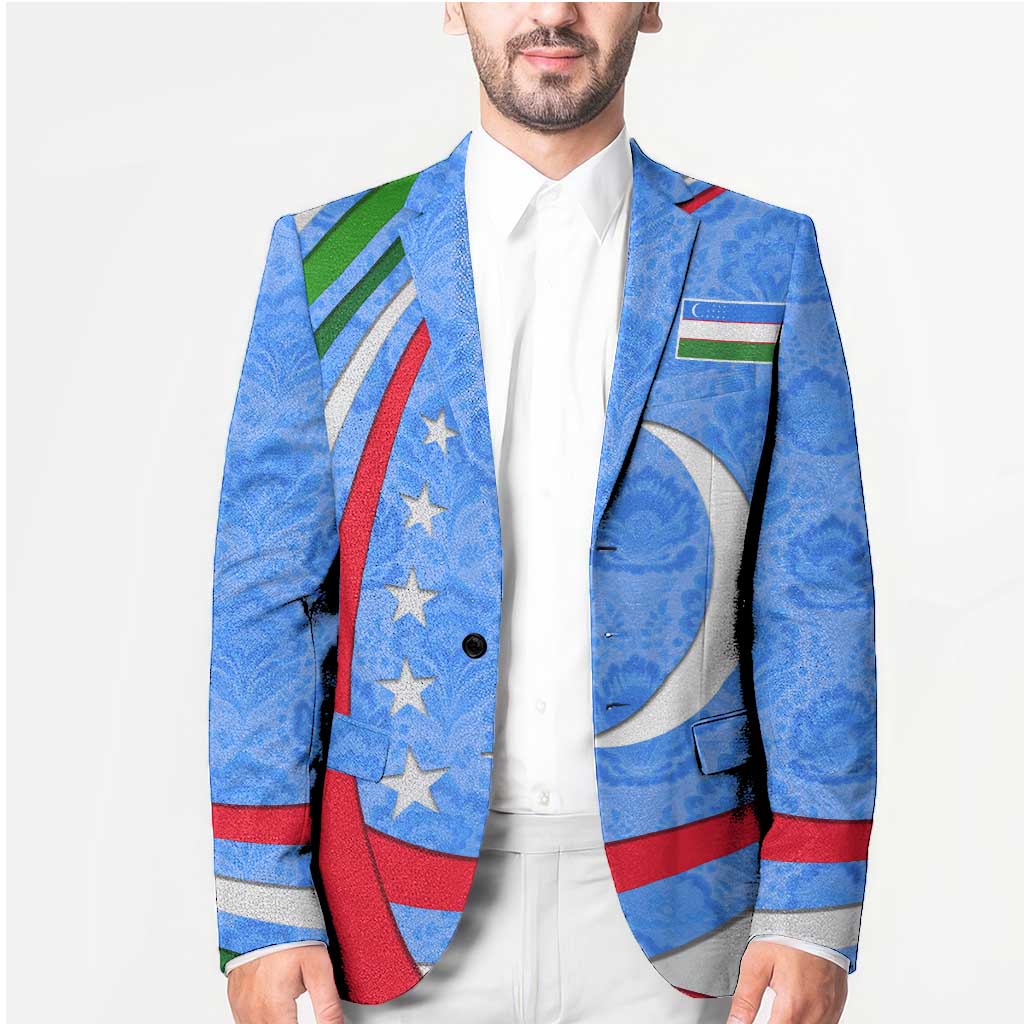 Blue unisex blazer with crescent-moon star graphic, chest pocket flap, button front.