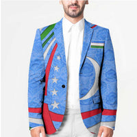 Blue unisex blazer with crescent-moon star graphic, chest pocket flap, button front.