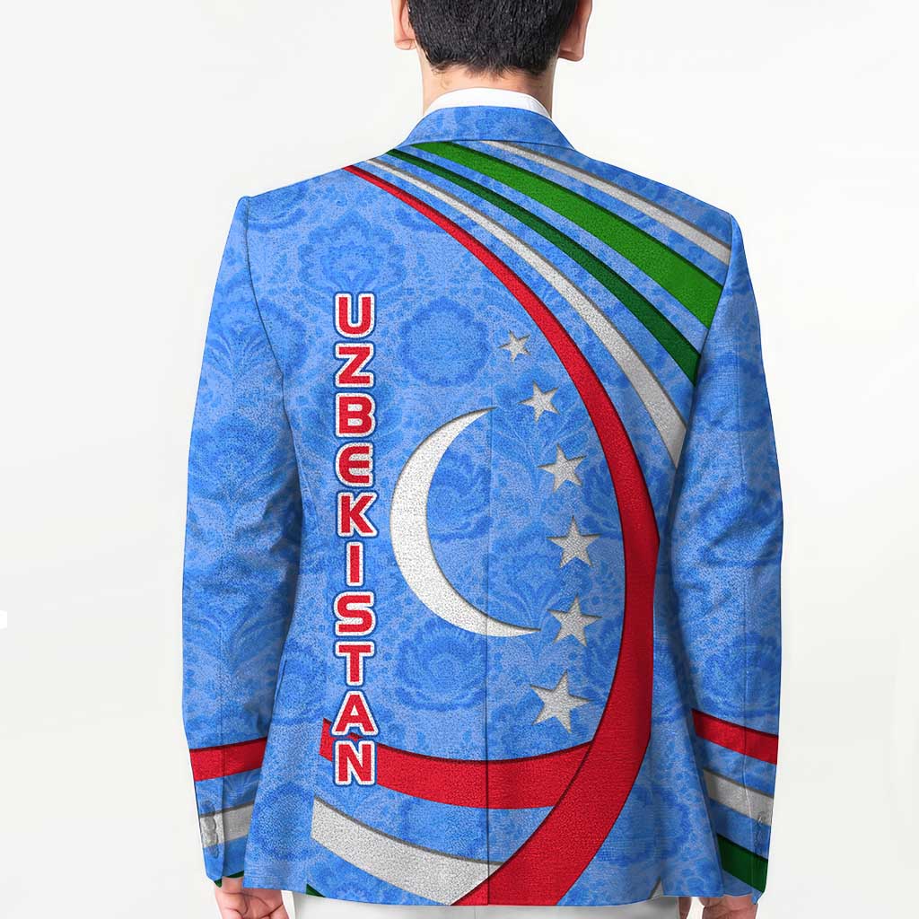 Blue blazer back with vertical UZBEKISTAN text and crescent-moon star emblem.