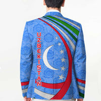 Blue blazer back with vertical UZBEKISTAN text and crescent-moon star emblem.
