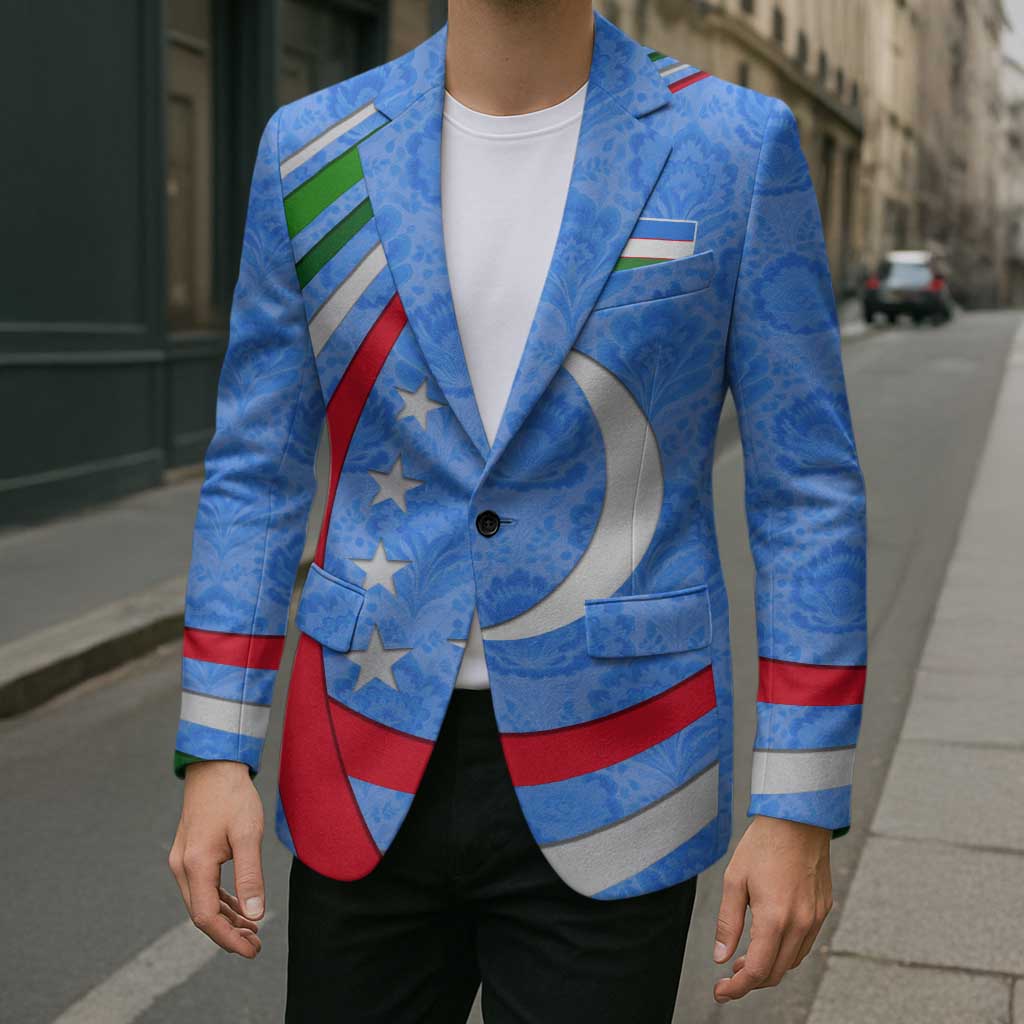 Blue unisex blazer with crescent-moon stars, multicolor stripes, chest pocket, single-breasted.