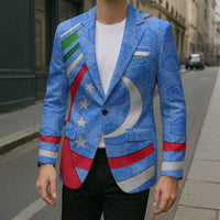 Blue unisex blazer with crescent-moon stars, multicolor stripes, chest pocket, single-breasted.