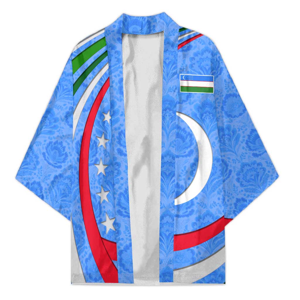 Unisex blue kimono with crescent moon and stars, multicolor swirl stripe design