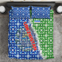 Blue and green patterned duvet set with Uzbekistan text and emblem graphics, two pillow covers