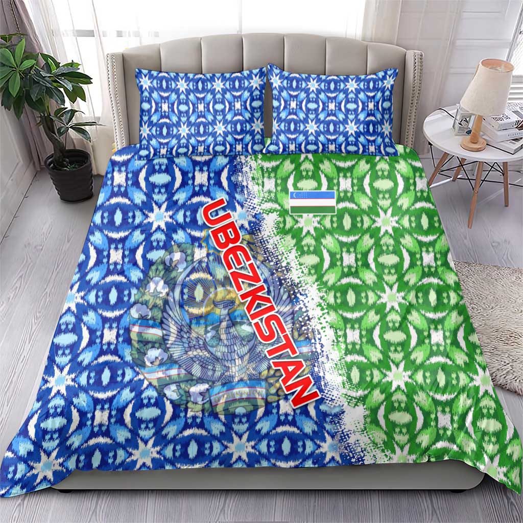 Blue and green ikat-style duvet with Uzbekistan text and emblem, matching pillow covers on bed
