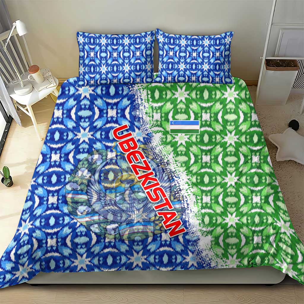 Blue and green national emblem duvet bedding with Uzbekistan text and two matching pillow covers