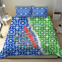 Blue and green national emblem duvet bedding with Uzbekistan text and two matching pillow covers