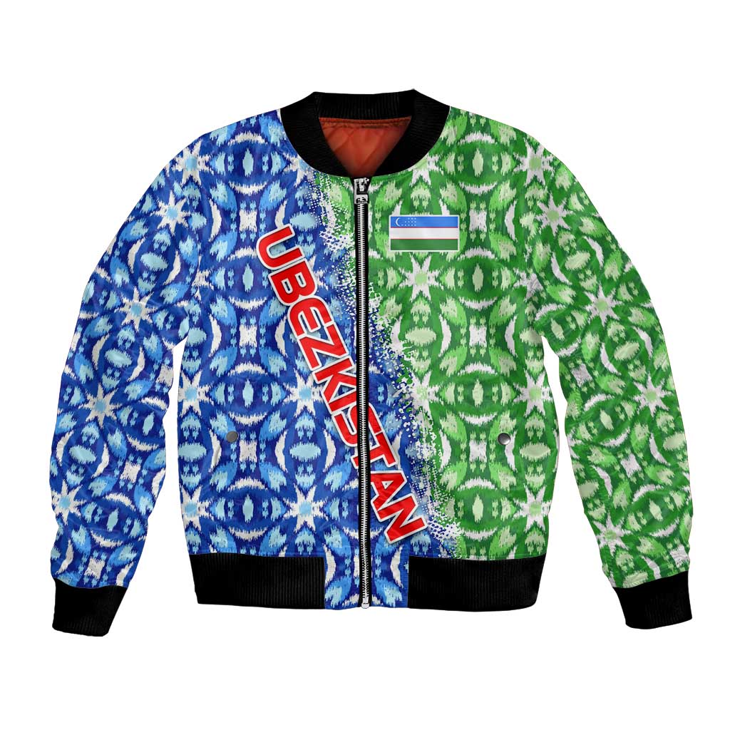 Unisex bomber jacket with blue-green ikat pattern, central zipper, 'Uzbekistan' graphic