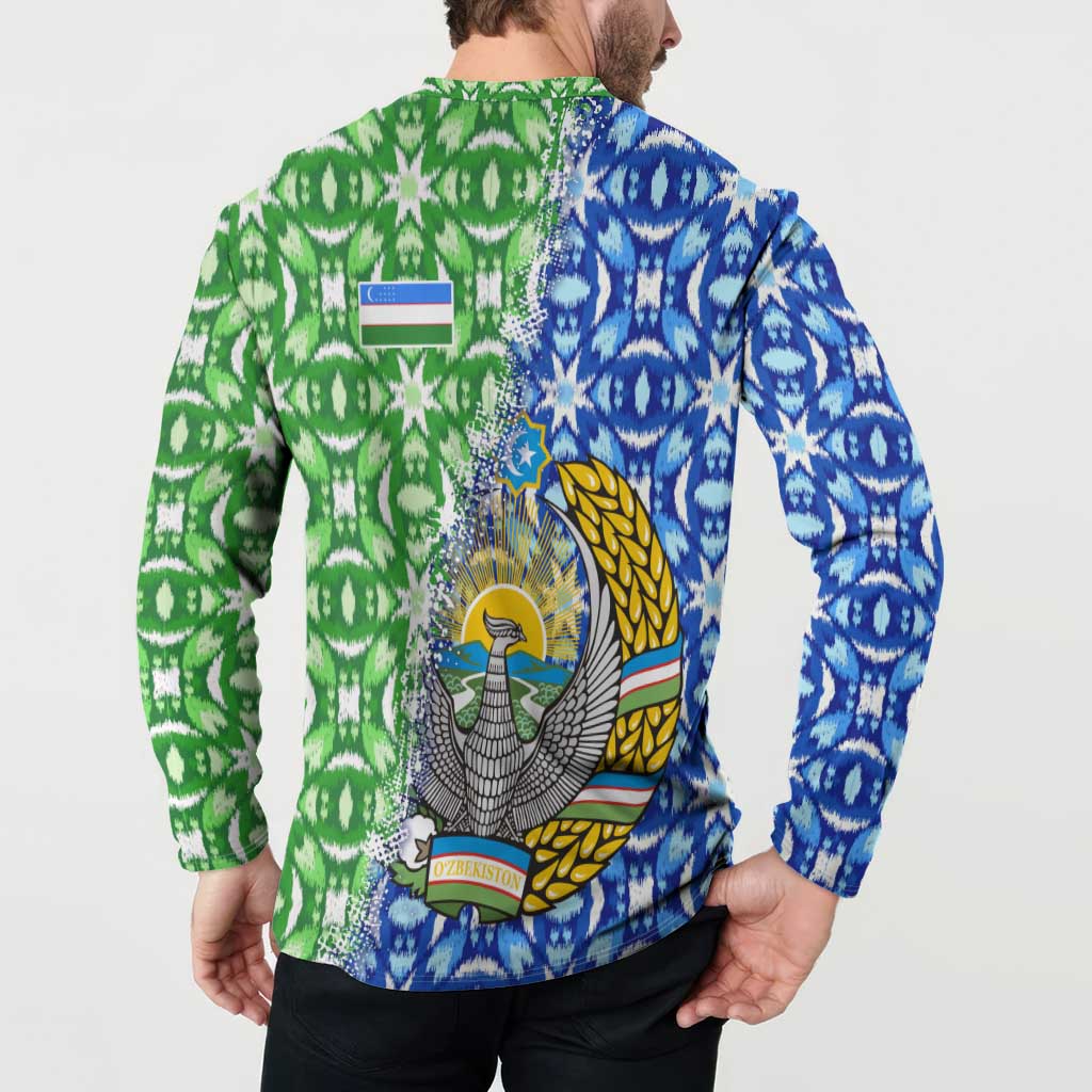 Uzbekistan Button Sweatshirt with Ikat Pattern and National Coat of Arms Design - Wonder Print Shop