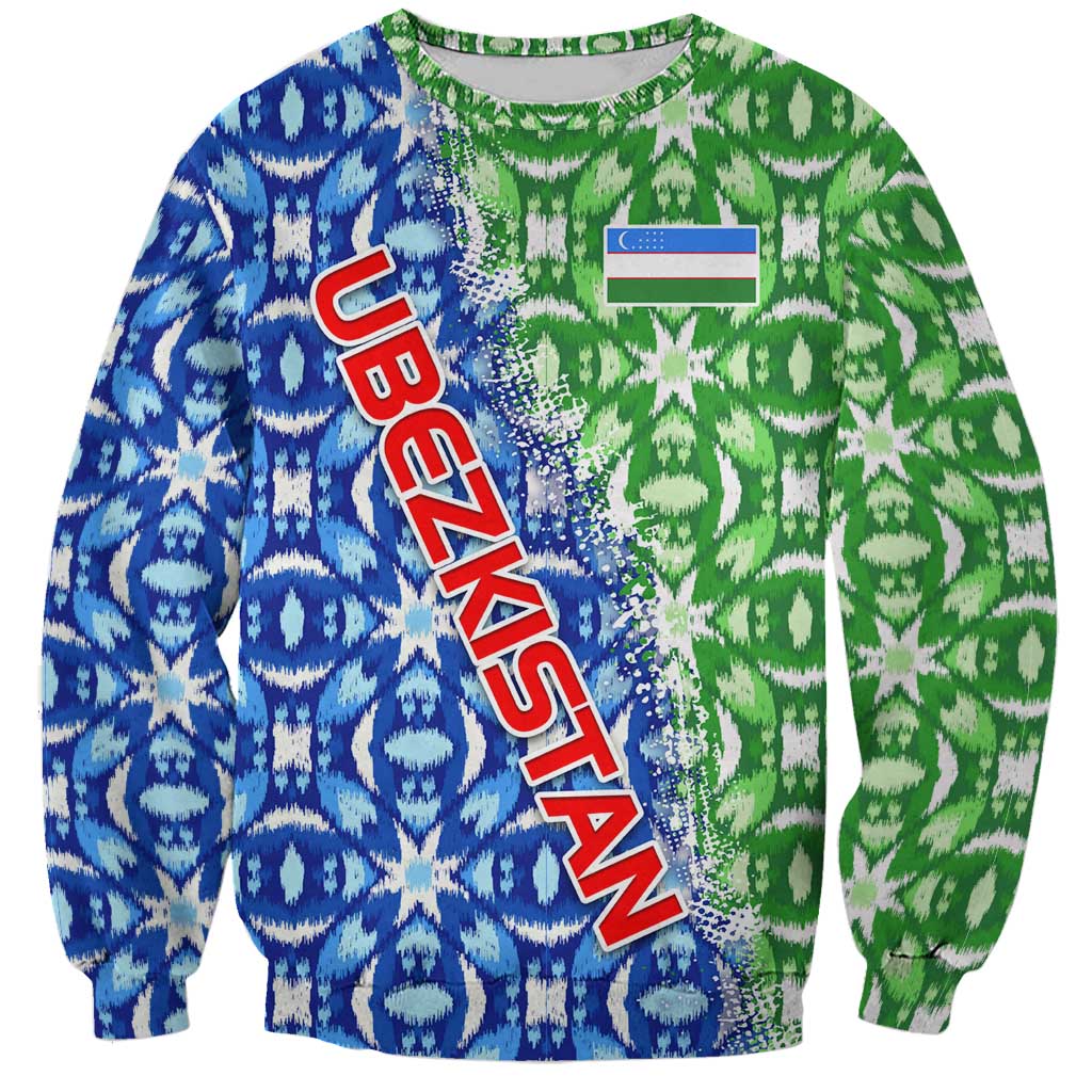 Multicolor Uzbek sweatshirt with blue/green ikat pattern, Uzbekistan text, flag emblem