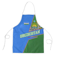 Uzbekistan blue apron with flag emblem, “UZBEKISTAN” text, green panel, and white ties