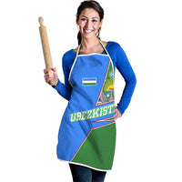 Uzbekistan apron worn by person: blue body with flag and “UZBEKISTAN” text, green panel