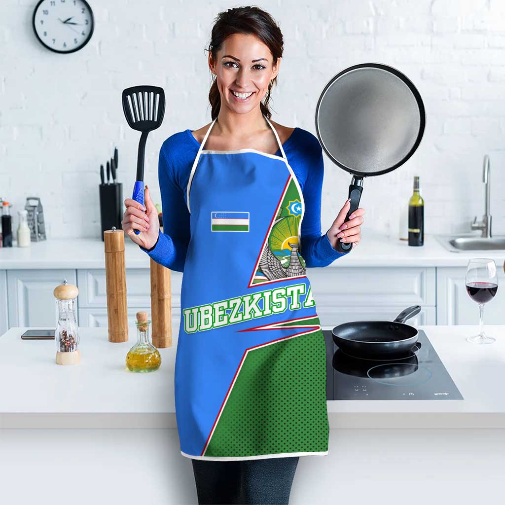 Uzbekistan apron in kitchen: blue design with flag, coat emblem, “UZBEKISTAN” text, green panel